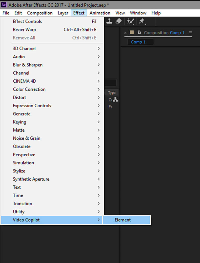 Đường dẫn hiệu ứng video After Effects (từ menu thả xuống điều hướng, Effects> Video Copilot> Element)