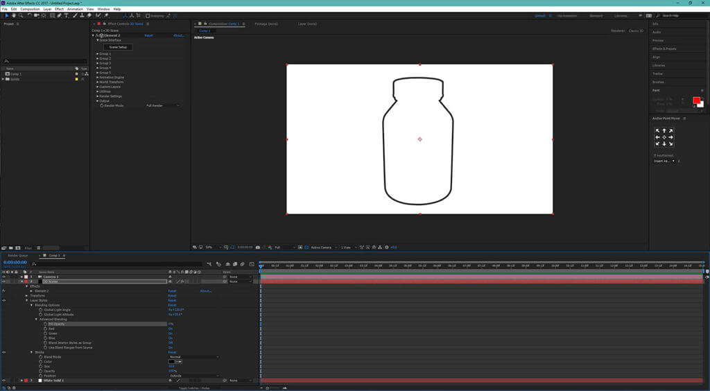 Phác thảo 3D động của một cái chai trong dự án After Effects