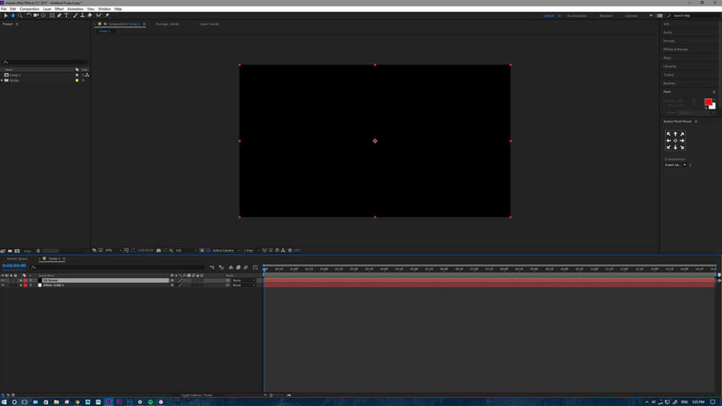 Thiết lập hướng dẫn After Effects với canvas màu đen đặc đã sẵn sàng cho các phác thảo 3D động.